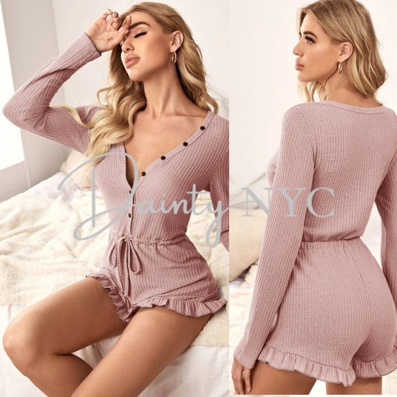 Waffle Weave Ruffle Jumpsuit Lounge Romper